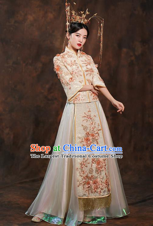 China Ancient Bride Costumes Toast Dress Traditional Wedding Champagne Xiuhe Suits