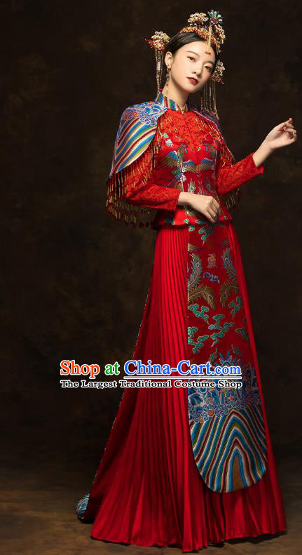 China Wedding Red Toast Dress Classical Phoenix Painting Xiuhe Suits Traditional Bride Costumes