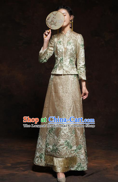 China Classical Wedding Bride Toast Dress Embroidered Golden Blouse and Skirt Traditional Xiuhe Suit Costumes