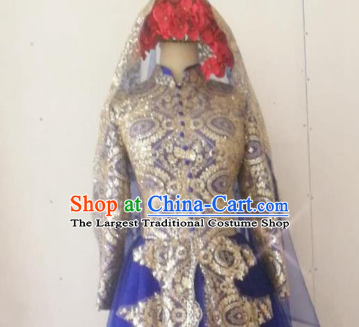 Chinese Traditional Wedding Garment Costumes Classical Embroidered Royalblue Dress Hui Ethnic Bride Clothing