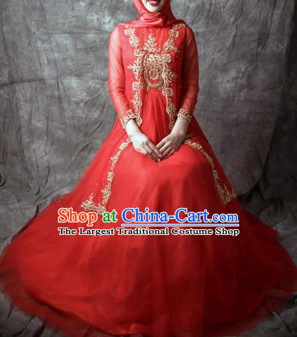 Chinese Classical Embroidered Red Full Dress Traditional Ethnic Wedding Garment Costumes Hui Nationality Bride Clothing