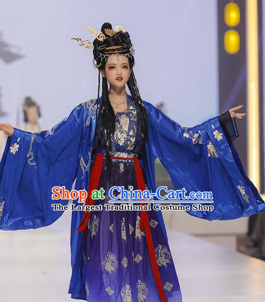 China Ancient Palace Princess Blue Hanfu Dress Garments Traditional Tang Dynasty Court Beauty Dance Clothing