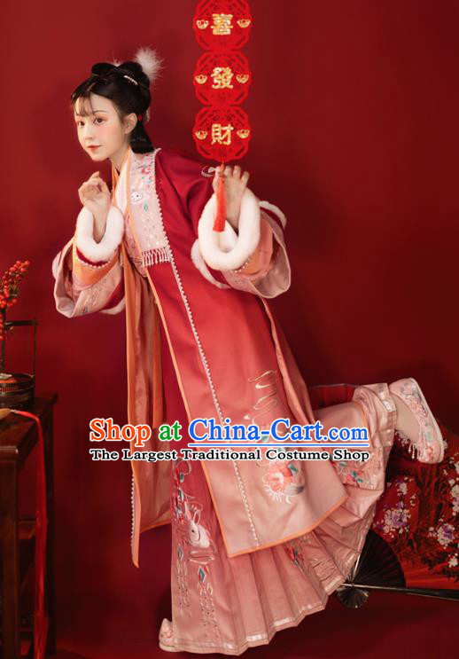 China Ancient Young Beauty Hanfu Dress Garments Traditional Song Dynasty Winter Embroidered Historical Clothing Complete Set