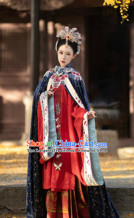 China Ancient Noble Woman Historical Clothing Traditional Hanfu Long Cloak Garment Ming Dynasty Imperial Consort Navy Cape