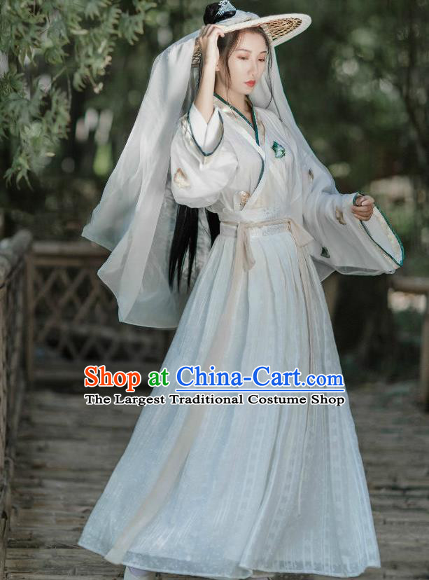 China Traditional Hanfu Garments Ancient Heroic Woman Embroidered Dress Jin Dynasty Female Swordsman Historical Clothing