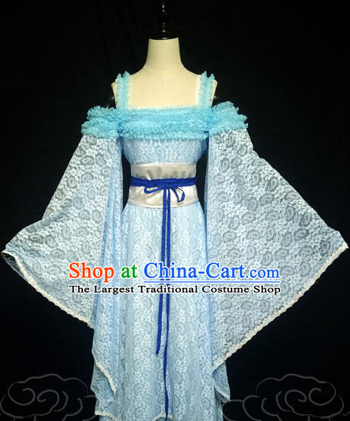 China Ancient Goddess Princess Garments Traditional Dance Blue Lace Hanfu Dress Cosplay Drama Seven Fairy Lan Er Clothing