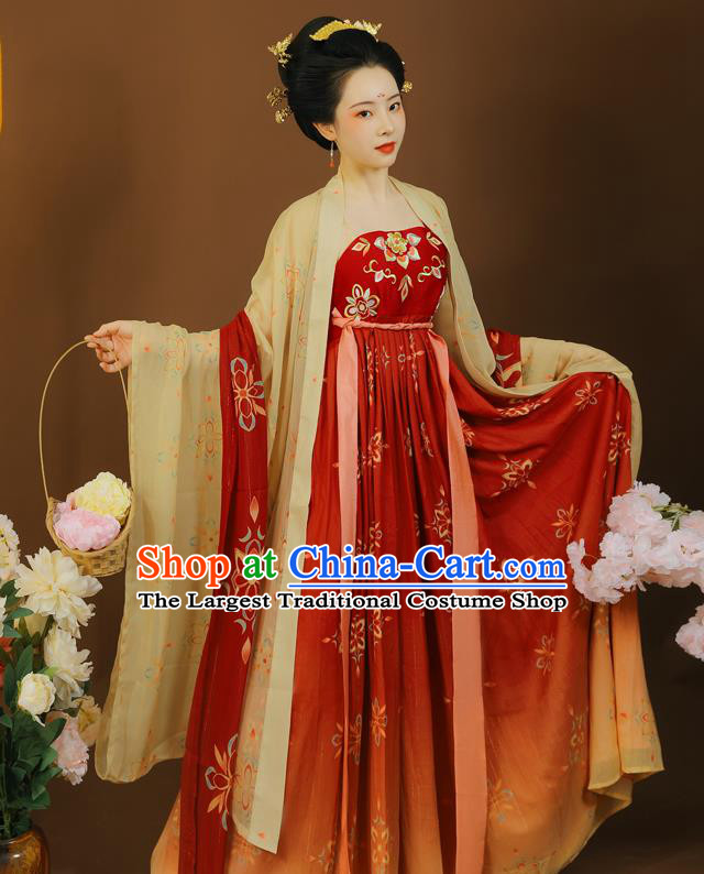 China Tang Dynasty Imperial Concubine Clothing Traditional Red Hanfu Dress Garment Ancient Court Woman Embroidered Apparels