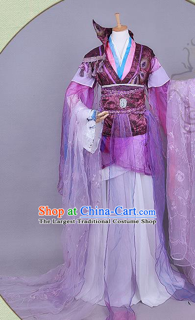 China Traditional Cosplay Swordsman Purple Hanfu Clothing Ancient Young Prince Apparels Jin Dynasty Royal Highness Garment Costumes