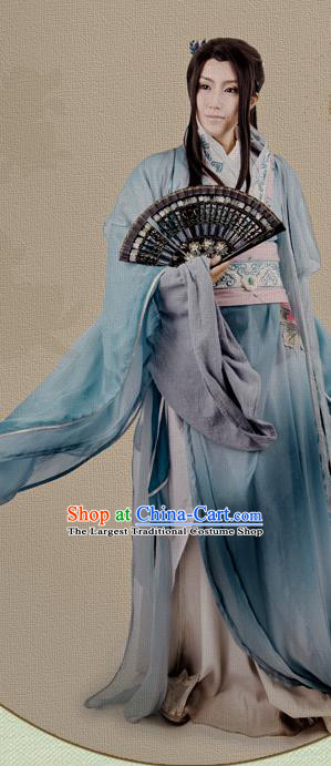 China Jin Dynasty Childe Garment Costumes Traditional Cosplay Swordsman Blue Hanfu Clothing Ancient Young Scholar Apparels