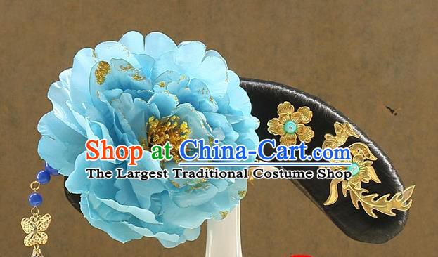 Chinese Drama Jade Palace Lock Heart Blue Peony Hair Accessories Qing Dynasty Court Maid Wigs Sheath Ancient Manchu Lady Hair Chignon