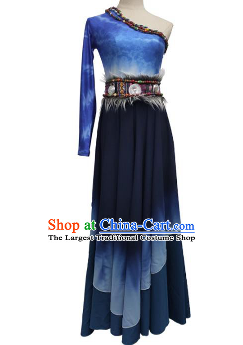 China Tibetan Dance Blue Dress Zang Nationality Folk Dance Clothing Ethnic Stage Performance Garments