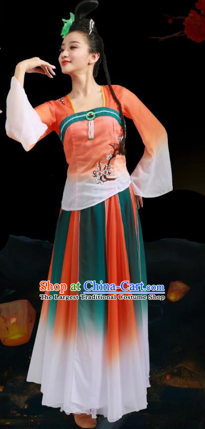 Top Chinese Classical Dance Orange Dress Woman Group Dance Garment Costume Traditional Umbrella Dance Performance Clothing