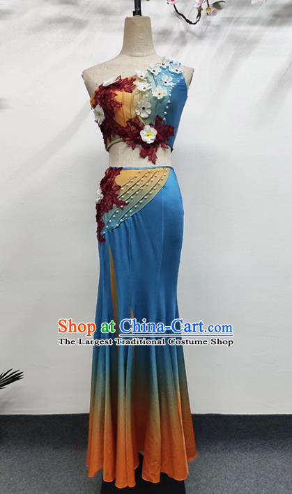 China Ethnic Female Peacock Dance Garments Yunnan Minority Folk Dance Blue Dress Dai Nationality Stage Performance Clothing