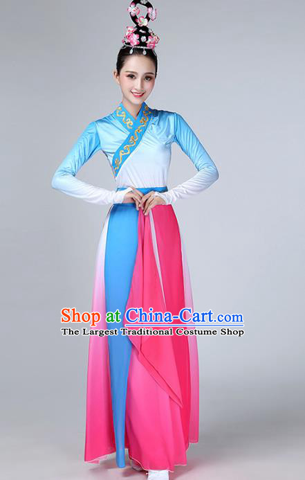 Top Chinese Woman Fan Dance Garment Costume Traditional Stage Performance Clothing Classical Umbrella Dance Blue Dress