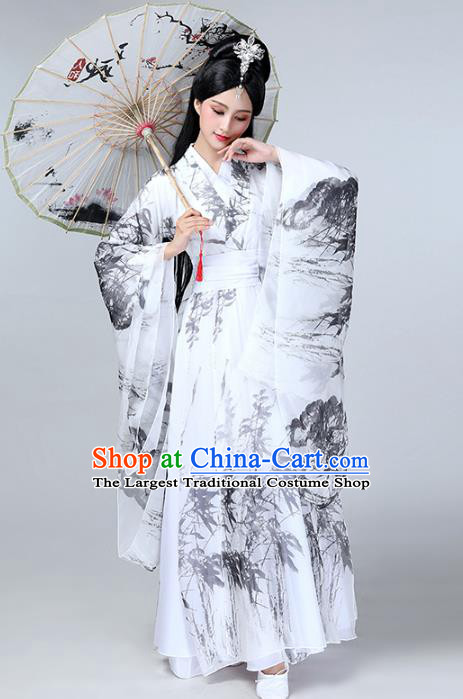 Top Chinese Woman Umbrella Dance Garment Costume Traditional Stage Performance Clothing Classical Dance Ink Painting Bamboo White Dress