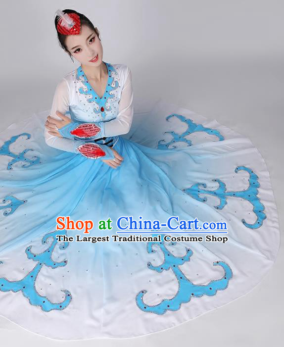 Top Chinese Woman Swan Dance Garment Costume Traditional Dance Performance Clothing Classical Dance Blue Dress Outfits