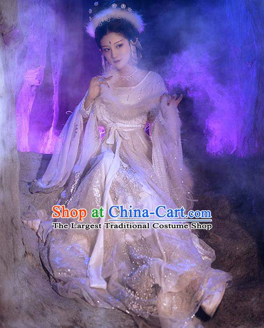 China Ancient Journey to the West Fox Fairy White Hanfu Dress Tang Dynasty Young Beauty Historical Garment Clothing