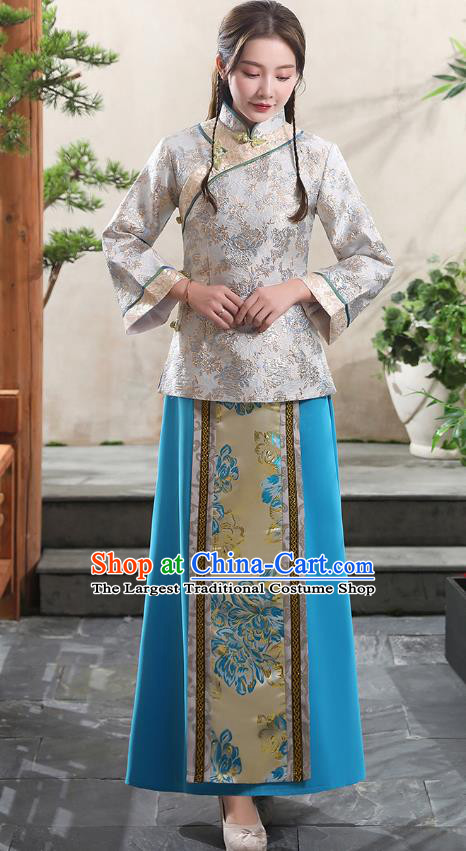 Republic of China Traditional Tang Suit Argent Blouse and Blue Skirt Young Woman Clothing