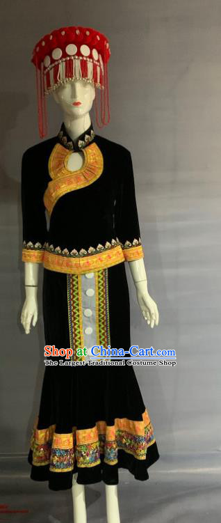 Chinese Minority Folk Dance Black Dress Uniforms Yunnan Ethnic Woman Garment Costume Lisu Nationality Dance Clothing