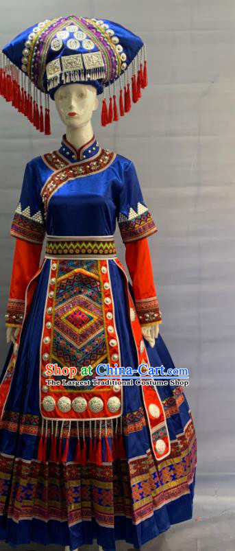 Chinese Guangxi Ethnic Bride Garment Costume Zhuang Nationality Wedding Clothing Minority Folk Dance Royalblue Dress Uniforms