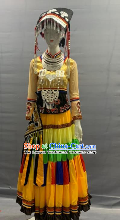 Chinese Xiangxi Ethnic Woman Garment Costume Yi Nationality Dance Dress Minority Folk Dance Clothing