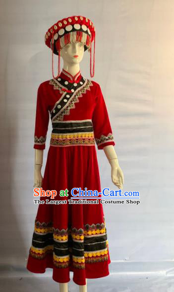 Chinese Nu Nationality Bride Clothing Lisu Minority Folk Dance Red Velvet Dress Uniforms Guangxi Ethnic Woman Garment Costume and Hat