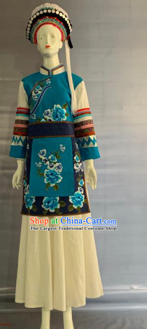 Chinese Bai Nationality Woman Clothing Minority Folk Dance Blue Dress Uniforms Yunnan Ethnic Festival Garment Costume and Hat