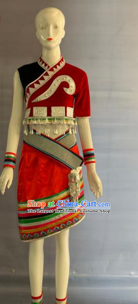 Chinese Wa Nationality Dance Clothing Minority Folk Dance Red Dress Uniforms Yunnan Ethnic Garment Costumes