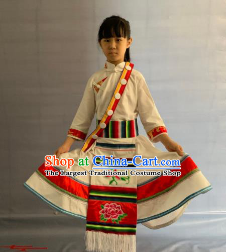 China Yunnan Ethnic Girl Garment Costumes Traditional Lisu Nationality Folk Dance White Dress Clothing