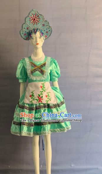 China Xinjiang Ethnic Girl Folk Dance Garment Costumes Traditional Eluosi Nationality Children Green Dress Clothing and Headpiece