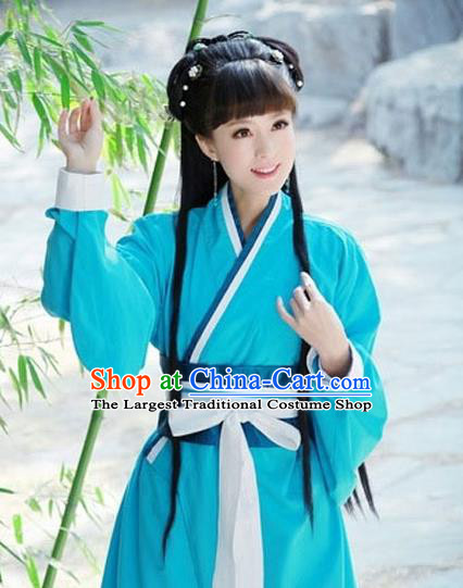 China Ancient Female Knight Blue Hanfu Dress Cosplay Han Dynasty Young Lady Garments Traditional Drama Swordswoman Clothing