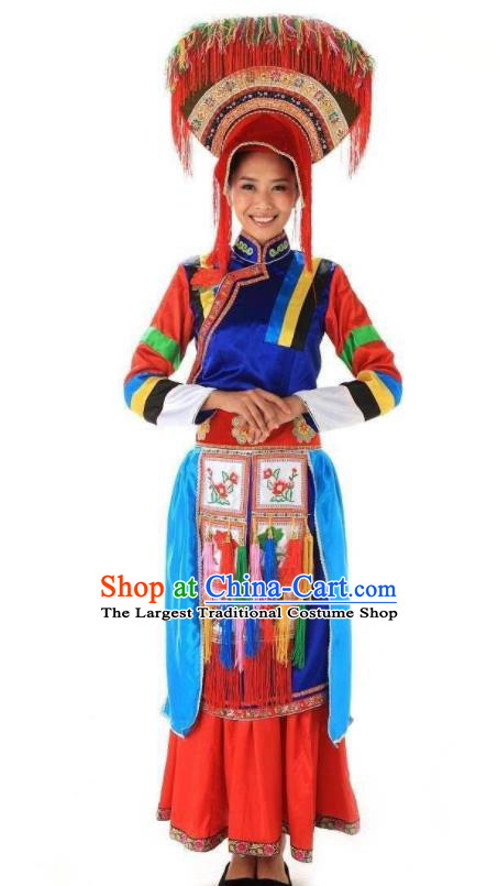 Chinese Tujia Nationality Wedding Clothing Tu Minority Dance Performance Red Dress Uniforms Xiangxi Ethnic Bride Garment Costumes and Headdress