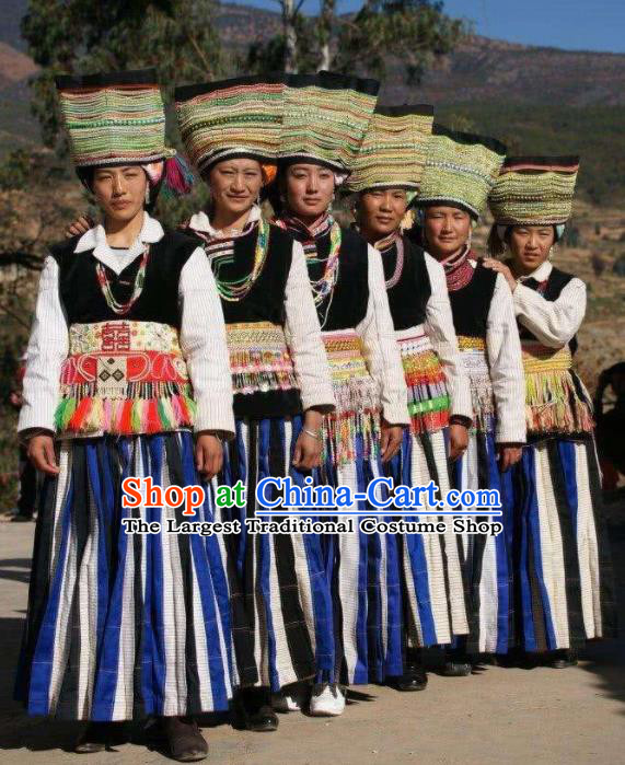 Chinese Yunnan Ethnic Dance Garment Costumes Pumi Nationality Clothing Minority Woman Festival Dress Uniforms and Hat