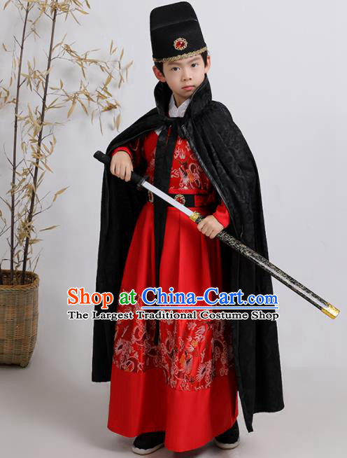 China Traditional Red Feiyu Robe Ming Dynasty Boys Imperial Guards Clothing Ancient Children Swordsman Garment Costume