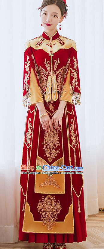 China Traditional Wedding Garment Costumes Classical Red Xiuhe Suits Embroidered Dress Bride Toast Clothing