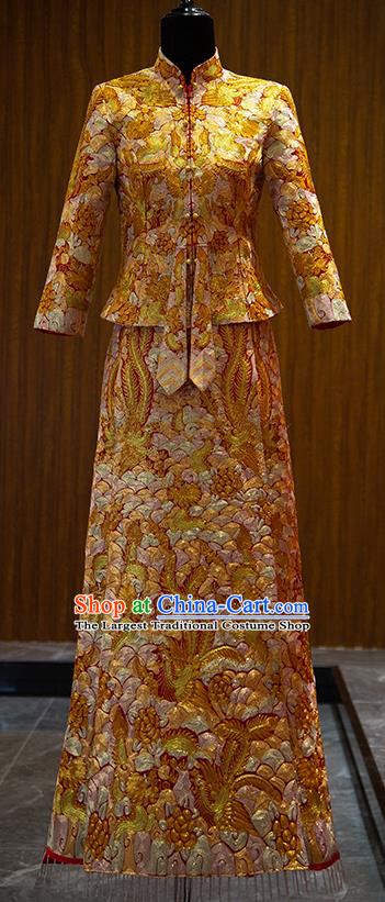 China Classical Golden Xiuhe Suits Embroidered Phoenix Dress Bride Toast Clothing Traditional Wedding Garment Costumes