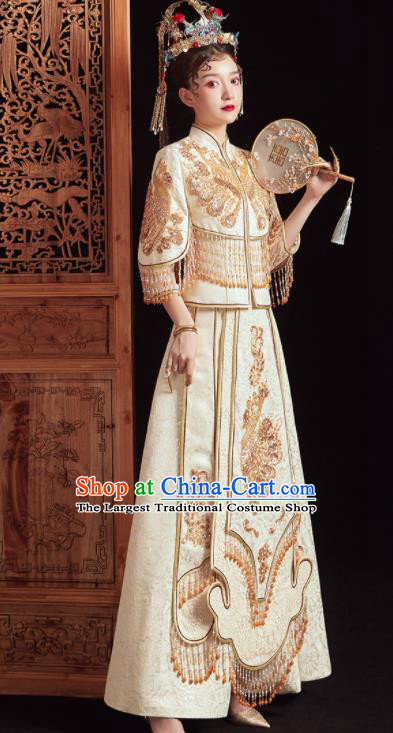 China Classical Wedding Garment Costumes Champagne Xiuhe Suits Bride Embroidered Dress Traditional Toast Clothing