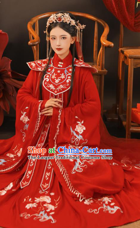 China Ming Dynasty Princess Historical Clothing Traditional Wedding Hanfu Garments Ancient Bride Embroidered Red Dress