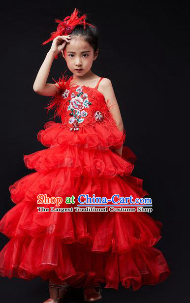 High Quality Children Compere Red Veil Dress Piano Performance Clothing Stage Show Full Dress Girl Catwalks Fashion