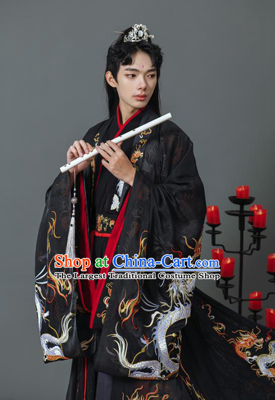 China Ancient Swordsman Black Hanfu Clothing Traditional Jin Dynasty Childe Historical Garment Costumes and Headpieces