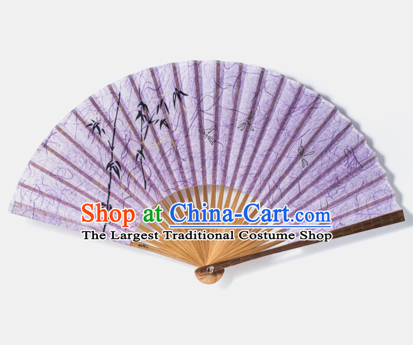 Handmade Chinese Printing Folding Fan Bamboo Fan Female Purple Silk Accordion Craft Fans