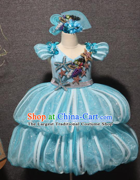 Top Chorus Performance Garment Girl Catwalks Blue Layered Dress Christmas Formal Evening Wear Children Princess Stage Show Clothing