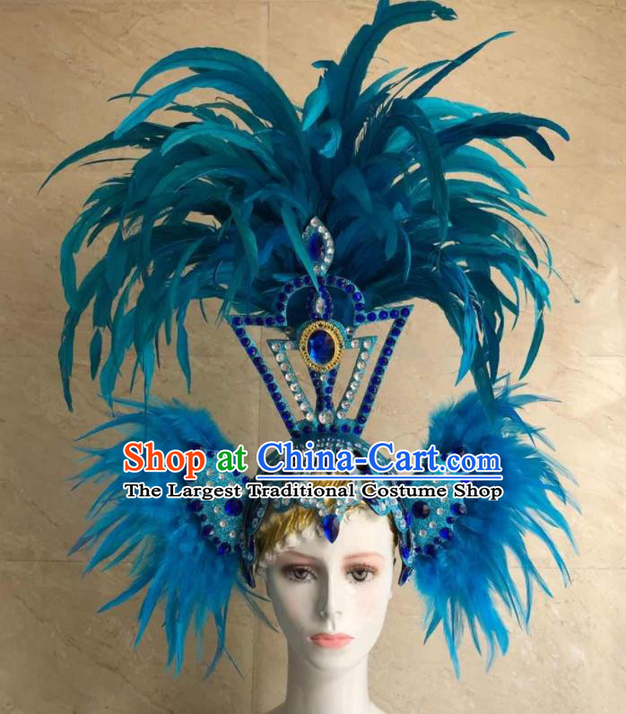Handmade Halloween Cosplay Hair Accessories Samba Dance Headpiece Rio Carnival Blue Feather Headdress Stage Show Royal Crown