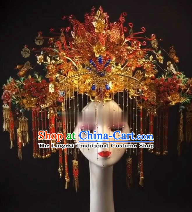 China Ancient Empress Deluxe Phoenix Coronet Catwalks Hair Accessories Wedding Headdress Stage Show Giant Red Hair Crown