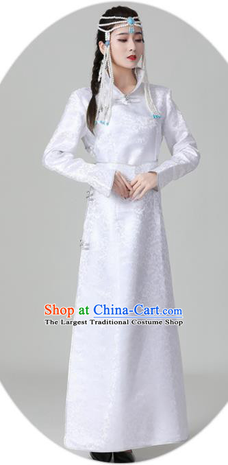 China Mongolian Performance Long Robe Mongol Nationality Folk Dance Clothing Woman Group Dance Garment Ethnic White Brocade Dress