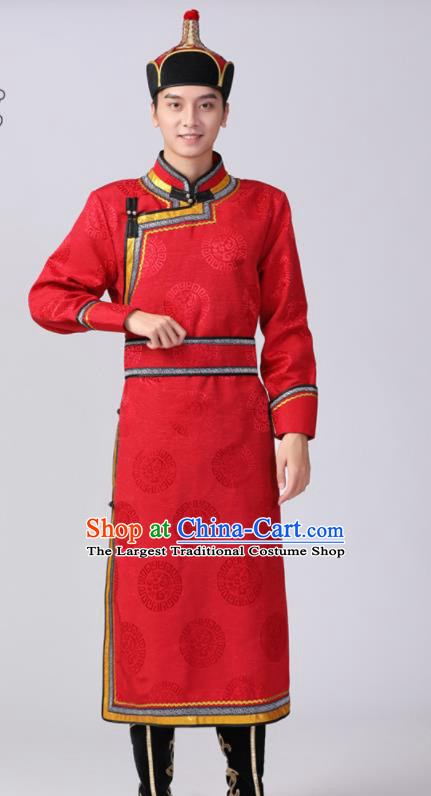 Chinese Mongolian Ethnic Male Garment Costume Minority Stage Performance Clothing Mongol Nationality Dance Red Robe