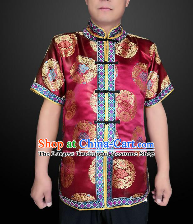 Chinese Minority Performance Clothing Mongol Nationality Folk Dance Wine Red Brocade Shirt Mongolian Male Upper Outer Garment Ethnic Costume