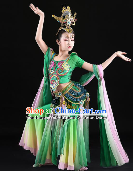 China Girl Performance Clothing Flying Apsaras Dance Garment Classical Dance Green Uniforms Children Fairy Dance Dress