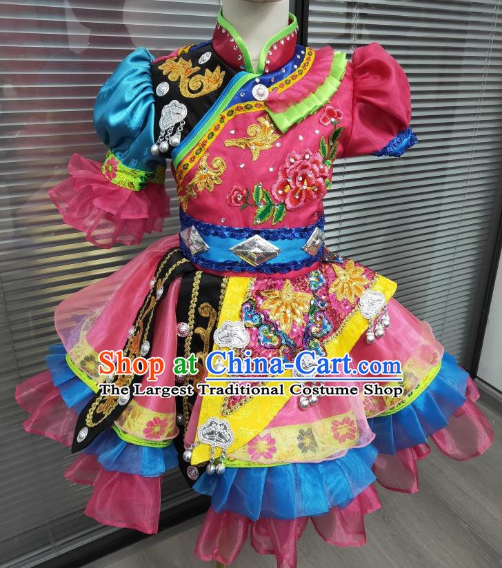 Chinese Yunnan Minority Dance Pink Dress Uniforms Lisu Nationality Children Festival Clothing Ethnic Folk Dance Garments