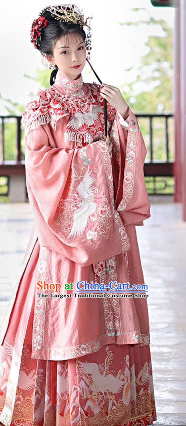 China Ming Dynasty Patrician Lady Historical Clothing Traditional Noble Mistress Pink Hanfu Dresses Ancient Young Beauty Garment Costumes